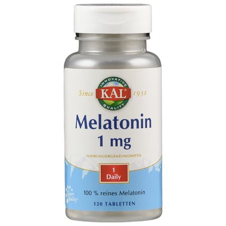 Eine Flasche mit Melatonin-Tabletten der Marke KAL. Die Flasche ist weiß mit einem blauen Etikett, auf dem "Melatonin 1 mg" steht. Sie enthält 120 Tabletten und ist ein Nahrungsergänzungsmittel. Das Etikett zeigt auch "100 % reines Melatonin" und "1 Daily".