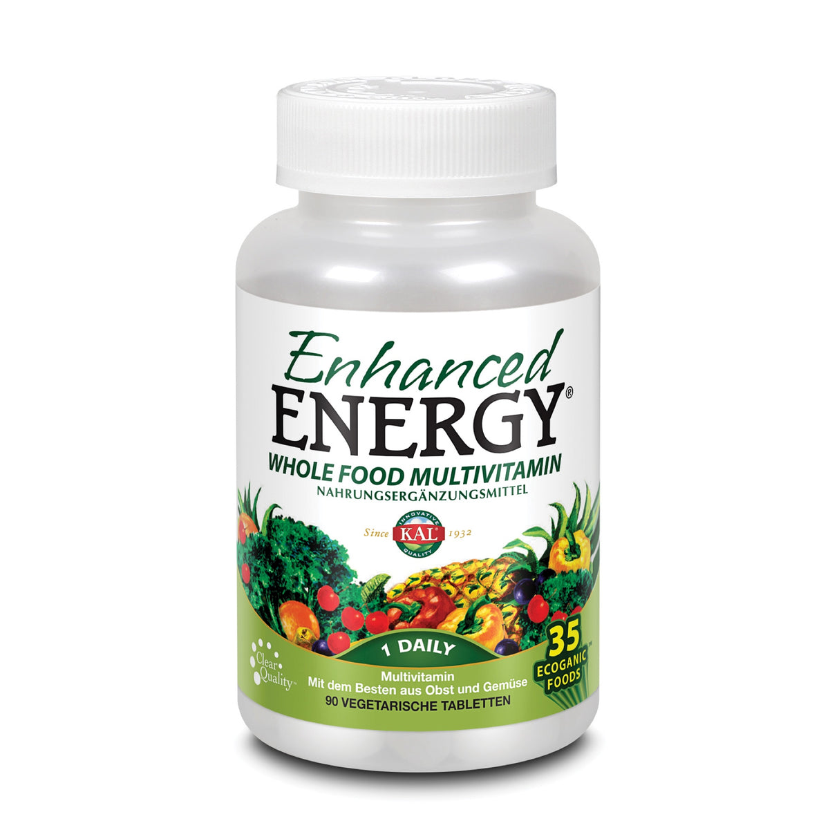 Eine weiße Plastikflasche mit der Aufschrift 'Enhanced Energy Whole Food Multivitamin'. Die Flasche zeigt Bilder von Gemüse und Obst und enthält 90 vegetarische Tabletten. Auf dem Etikett steht '1 Daily' und '35 EcoGanic Foods'.