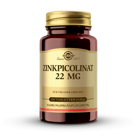 Das Bild zeigt eine braune Plastikflasche mit einem goldenen Etikett auf der Vorderseite. Auf dem Etikett steht "SOLGAR Zinkpicolinat 22 MG". Die Flasche enthält 100 Tabletten und ist für Veganer geeignet. Das Etikett hat goldene und schwarze Schrift auf einem goldenen Hintergrund. Die Marke "SOLGAR" ist oben auf dem Etikett abgebildet.