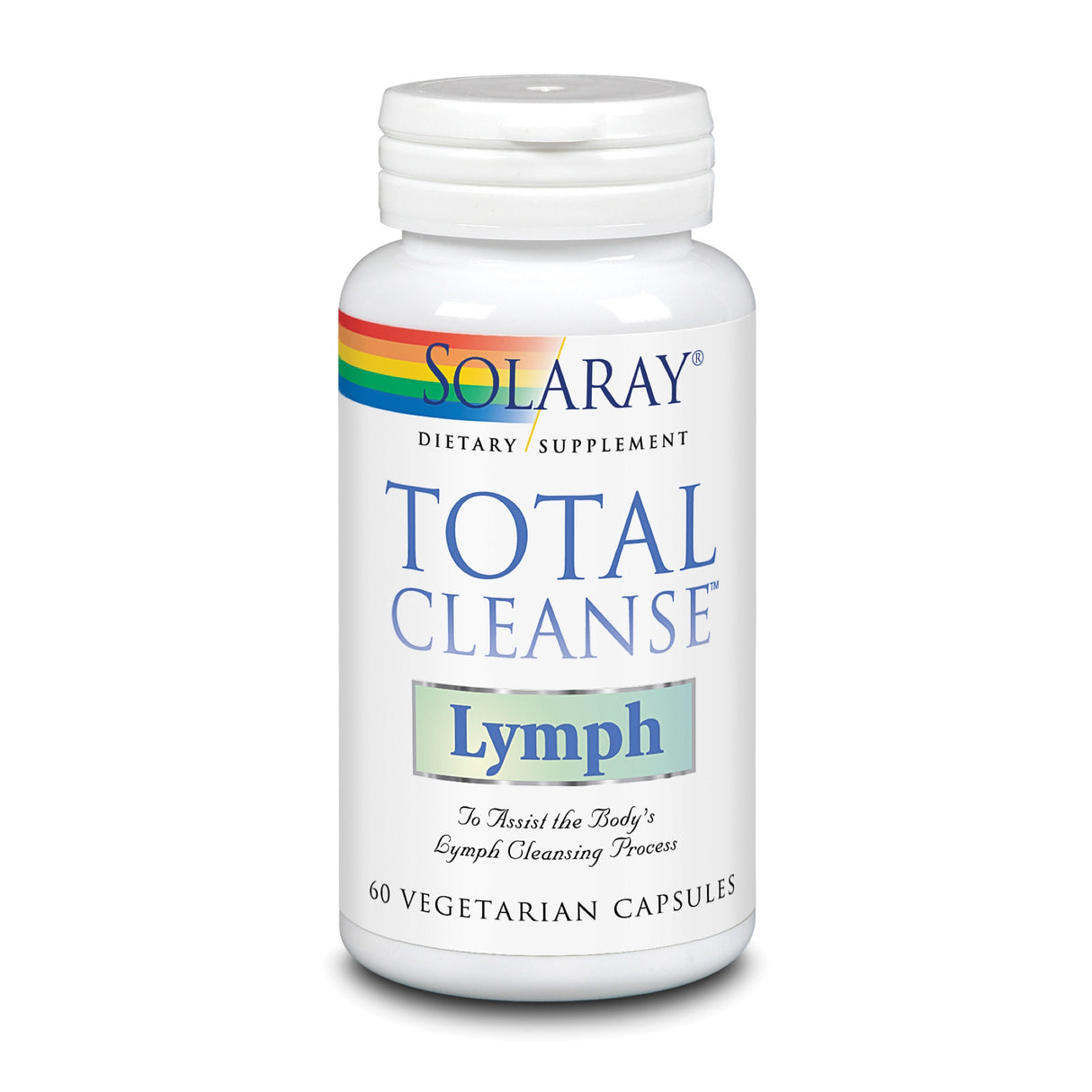 Ein weißes Fläschchen mit der Aufschrift 'Solaray Total Cleanse Lymph' steht vor einem weißen Hintergrund. Das Etikett zeigt einen Regenbogenstreifen oben und die Worte 'Dietary Supplement'. Es enthält 60 vegetarische Kapseln zur Unterstützung des Lymphsystems.