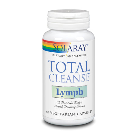 Ein weißes Fläschchen mit der Aufschrift 'Solaray Total Cleanse Lymph' steht vor einem weißen Hintergrund. Das Etikett zeigt einen Regenbogenstreifen oben und die Worte 'Dietary Supplement'. Es enthält 60 vegetarische Kapseln zur Unterstützung des Lymphsystems.