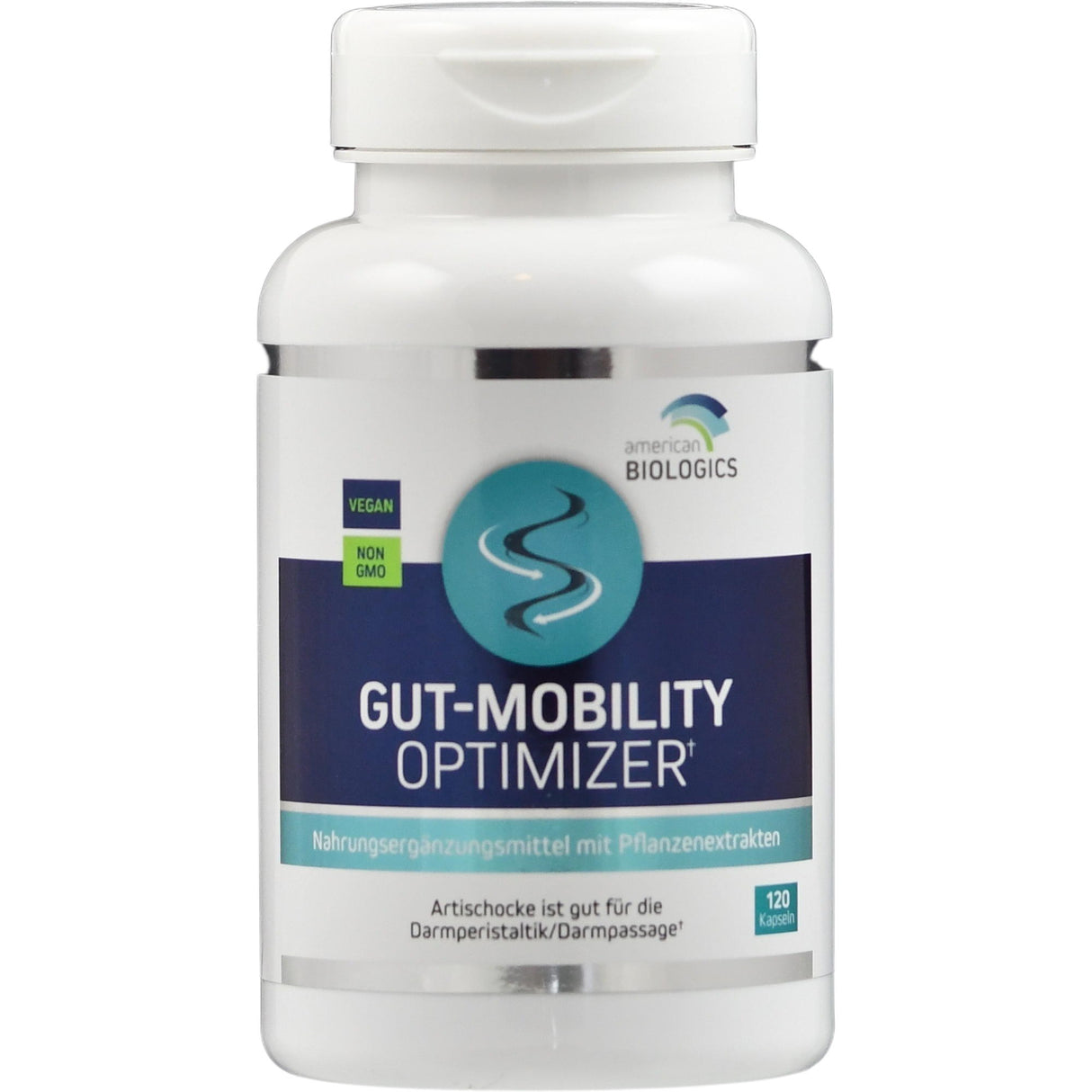 Eine weiße Plastikflasche mit einem Etikett, auf dem steht: 'Gut-Mobility Optimizer, Nahrungsergänzungsmittel mit Pflanzenextrakten'. Sie ist von der Marke American Biologics und enthält 120 Kapseln. Auf dem Etikett sind die Begriffe 'Vegan' und 'Non GMO' zu sehen.