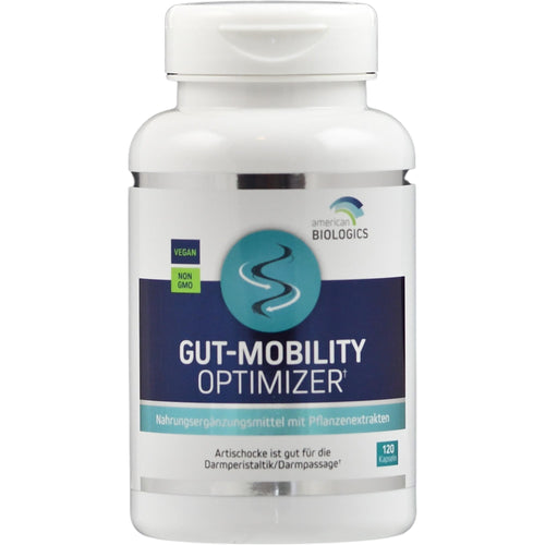 Eine weiße Plastikflasche mit einem Etikett, auf dem steht: 'Gut-Mobility Optimizer, Nahrungsergänzungsmittel mit Pflanzenextrakten'. Sie ist von der Marke American Biologics und enthält 120 Kapseln. Auf dem Etikett sind die Begriffe 'Vegan' und 'Non GMO' zu sehen.