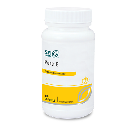 Eine weiße Plastikflasche mit einem gelben Etikett, auf dem "SFI Health Pure-E" steht. Das Etikett betont die Unterstützung der Gewebegesundheit. Enthält 100 Softgels.