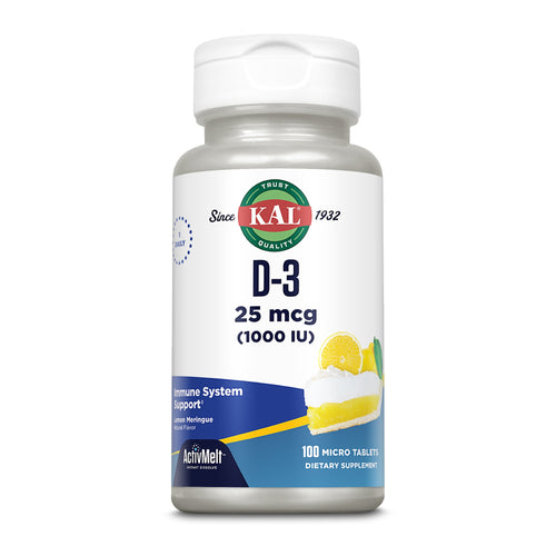 Flasche mit KAL D-3 Vitaminen, 25 mcg (1000 IU), 100 Tabletten, Zitronen-Meringue-Geschmack, Unterstützung des Immunsystems.