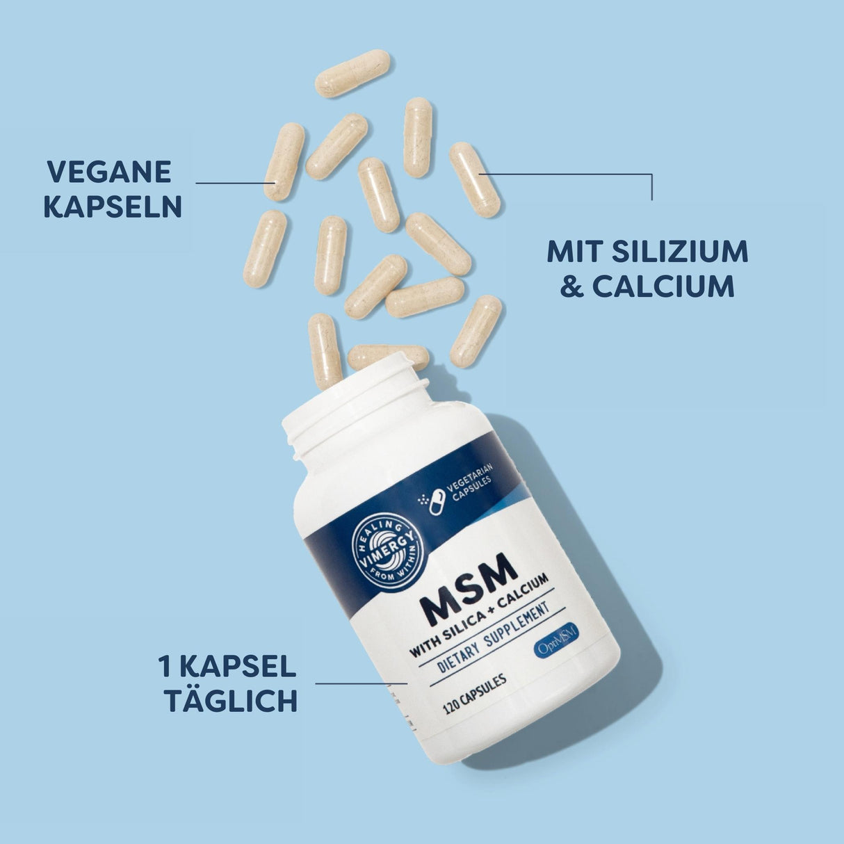 Das Bild zeigt eine weiße Flasche mit der Aufschrift 'MSM with Silica + Calcium', die auf einem blauen Hintergrund liegt. Um die Flasche herum sind mehrere vegane Kapseln verstreut. Auf der Flasche steht '120 Capsules' und 'Dietary Supplement'. Auf dem Bild sind außerdem die Texte 'Vegane Kapseln', 'Mit Silizium & Calcium' und '1 Kapsel täglich' zu sehen.