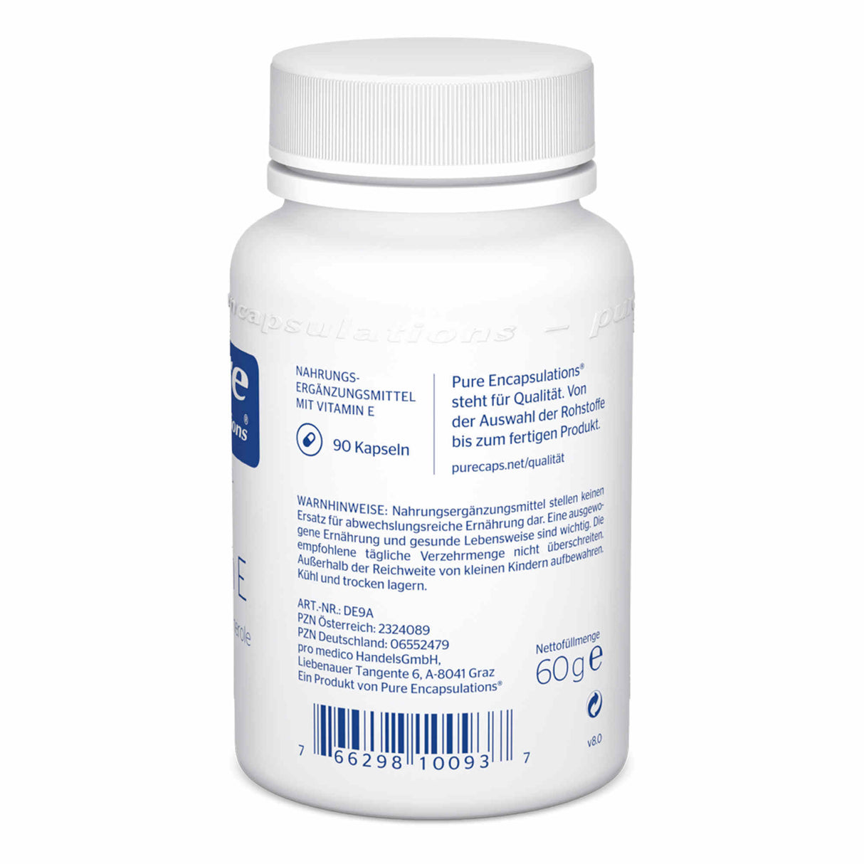Eine weiße Plastikflasche mit einem Schraubverschluss, die Nahrungsergänzungsmittel mit Vitamin E enthält. Auf dem Etikett steht 'Pure Encapsulations', '90 Kapseln', und verschiedene Hinweise und Informationen zur Qualität und Verwendung des Produkts. Die Flasche hat einen Barcode und Angaben zur Nettofüllmenge von 60 g. Herstellerinformationen sind ebenfalls aufgedruckt.