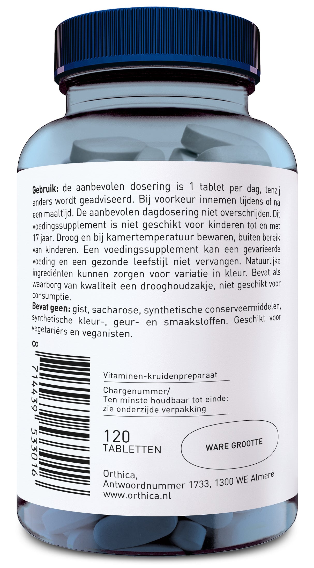 Ein blaues Glas mit einem blauen Deckel enthält 120 Tabletten eines Vitamin-Kräuterpräparats von Orthica. Auf dem Etikett stehen Dosierungshinweise und Inhaltsstoffe auf Niederländisch. Das Produkt ist geeignet für Vegetarier und Veganer und enthält keine synthetischen Farb-, Duft- und Geschmacksstoffe. Es ist nicht geeignet für Kinder bis 17 Jahre. Ein Barcode ist ebenfalls sichtbar.