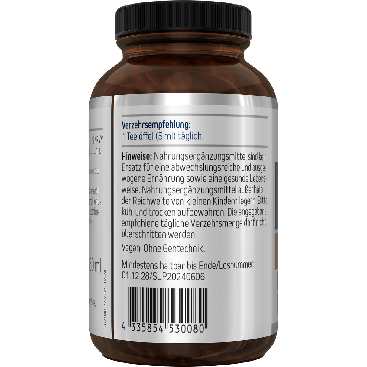 Eine braune Glasflasche mit schwarzem Deckel, beschriftet mit 'American Biologics Phosphatidylcholin'. Das Etikett zeigt Informationen über das Nahrungsergänzungsmittel, einschließlich 'vegan', 'non-GMO' und '150 ml'.