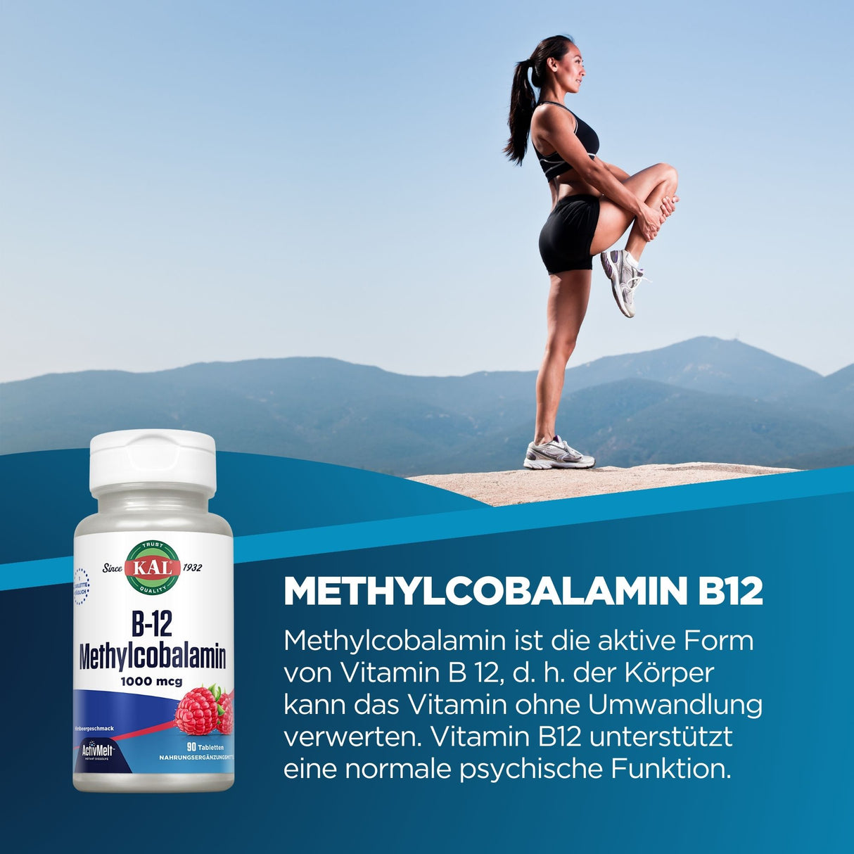 Eine Frau in Sportkleidung steht auf einem Felsen und dehnt ihr Bein. Im Hintergrund sind Berge zu sehen. Unten links ist eine Flasche mit Methylcobalamin B12 Nahrungsergänzungsmittel abgebildet. Der Text beschreibt die Vorteile von Vitamin B12.