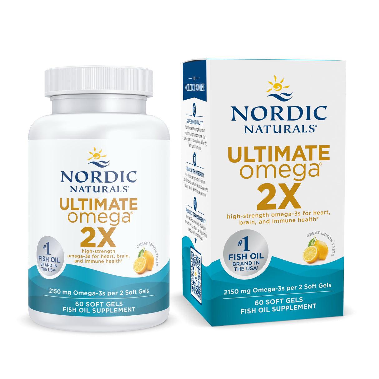 Flasche und Verpackung von Nordic Naturals Ultimate Omega 2X, einem Fischölpräparat mit 60 Softgels, 2150 mg Omega-3s, Zitronengeschmack.