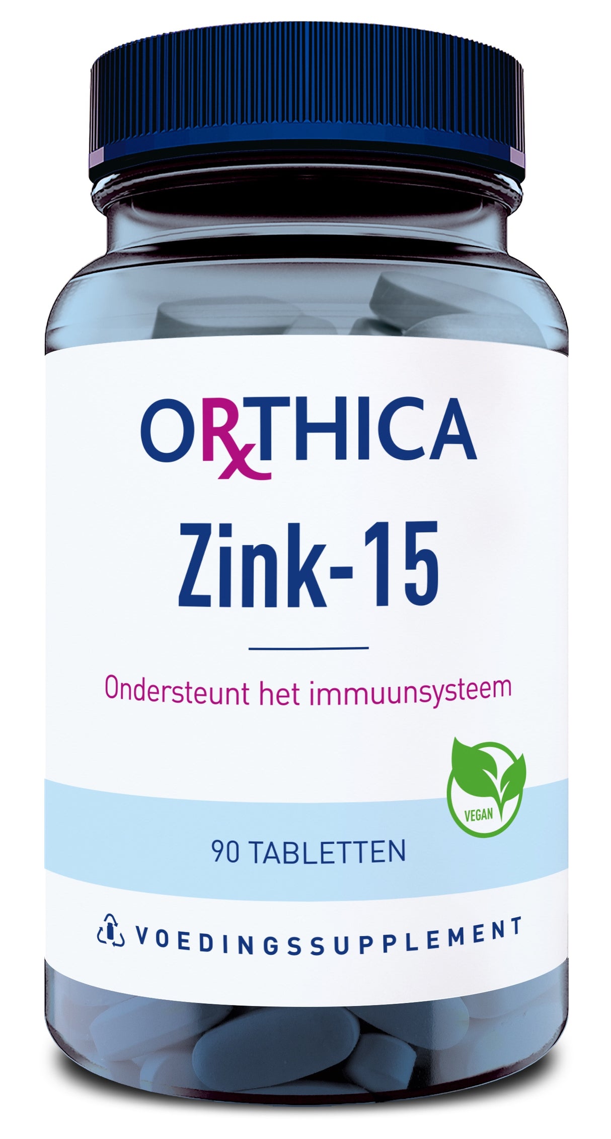 Eine durchsichtige Flasche mit blauem Deckel, die 90 Tabletten enthält. Auf dem Etikett steht 'Orthica Zink-15', 'Ondersteunt het immuunsysteem' und 'Voedingssupplement'. Ein grünes Vegan-Logo ist sichtbar.