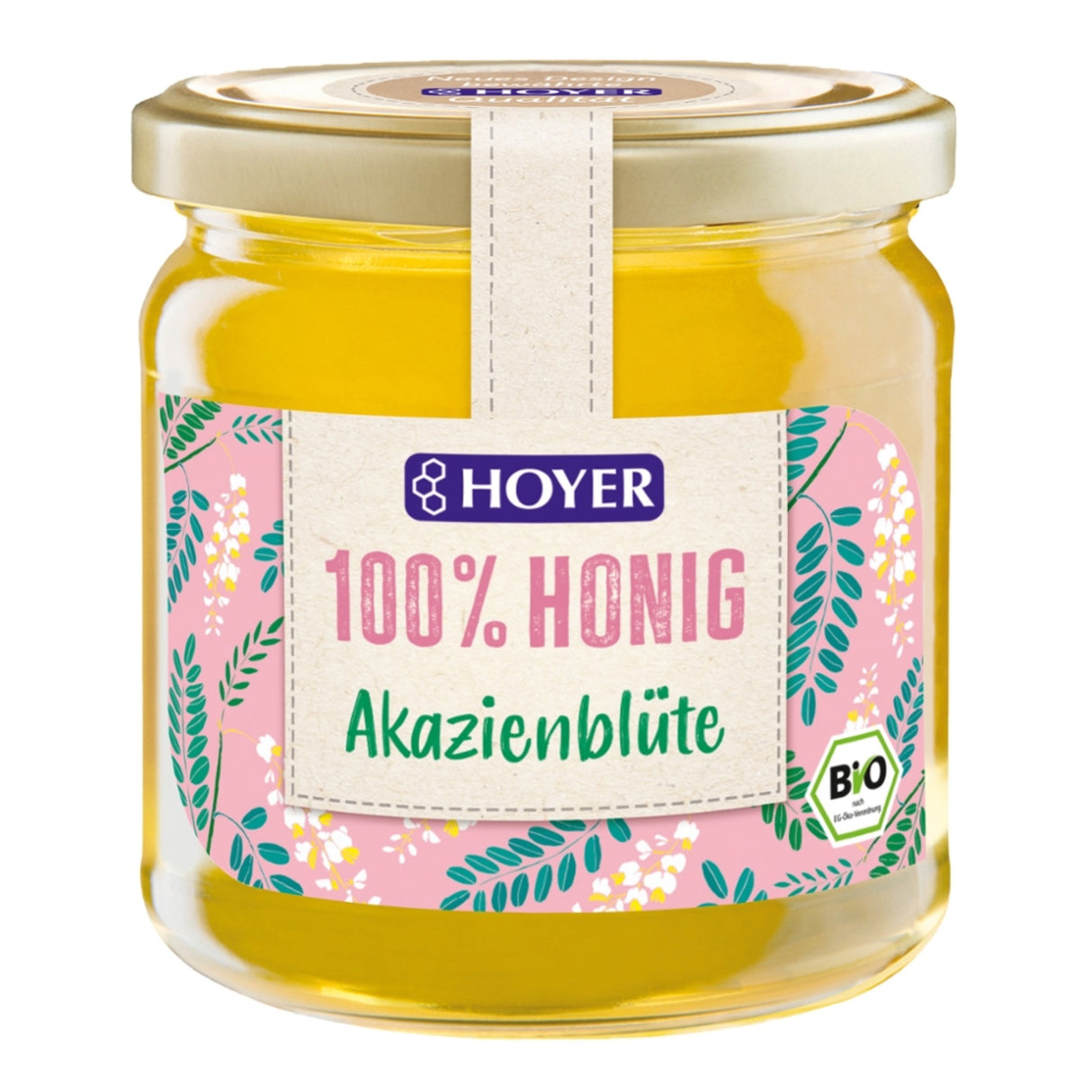 Glas Honig von Hoyer, Akazienblüte, Bio, 100% Honig, rosa Etikett mit Blumenmuster.