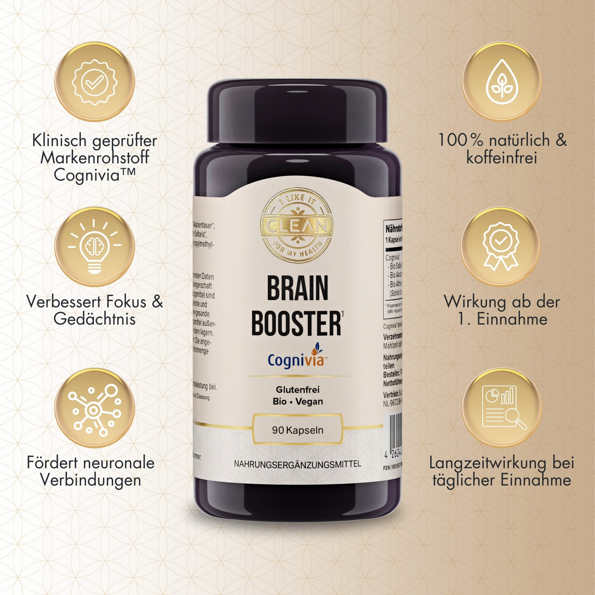 Etikett eines Nahrungsergänzungsmittels namens Brain Booster. Das Produkt enthält 90 Kapseln und ist glutenfrei, bio und vegan. Es enthält Salbei-Blattextrakt, Akazienfaser und ätherisches Öl des Spanischen Salbeis. Hersteller ist Supplementa B.V. in den Niederlanden. Das Etikett gibt Nährstoffangaben und Hinweise zur Anwendung. Es wird empfohlen, täglich eine Kapsel mit Wasser einzunehmen. Das Produkt ist gentechnikfrei und fördert die Gedächtnisleistung. Mindesthaltbarkeit und weitere Informationen sind a