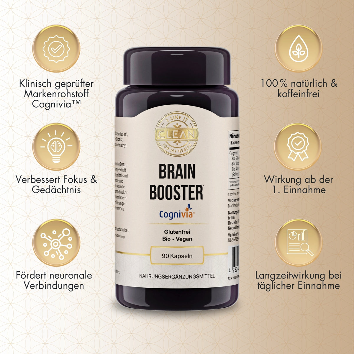Etikett eines Nahrungsergänzungsmittels namens Brain Booster. Das Produkt enthält 90 Kapseln und ist glutenfrei, bio und vegan. Es enthält Salbei-Blattextrakt, Akazienfaser und ätherisches Öl des Spanischen Salbeis. Hersteller ist Supplementa B.V. in den Niederlanden. Das Etikett gibt Nährstoffangaben und Hinweise zur Anwendung. Es wird empfohlen, täglich eine Kapsel mit Wasser einzunehmen. Das Produkt ist gentechnikfrei und fördert die Gedächtnisleistung. Mindesthaltbarkeit und weitere Informationen sind a