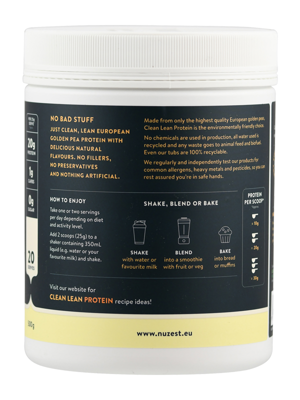 Dose mit Clean Lean Protein, 20g Protein pro Portion, 1g Kohlenhydrate, 0g Zucker. Anleitung für Shake, Blend oder Bake. Webseite: www.nuzest.eu.