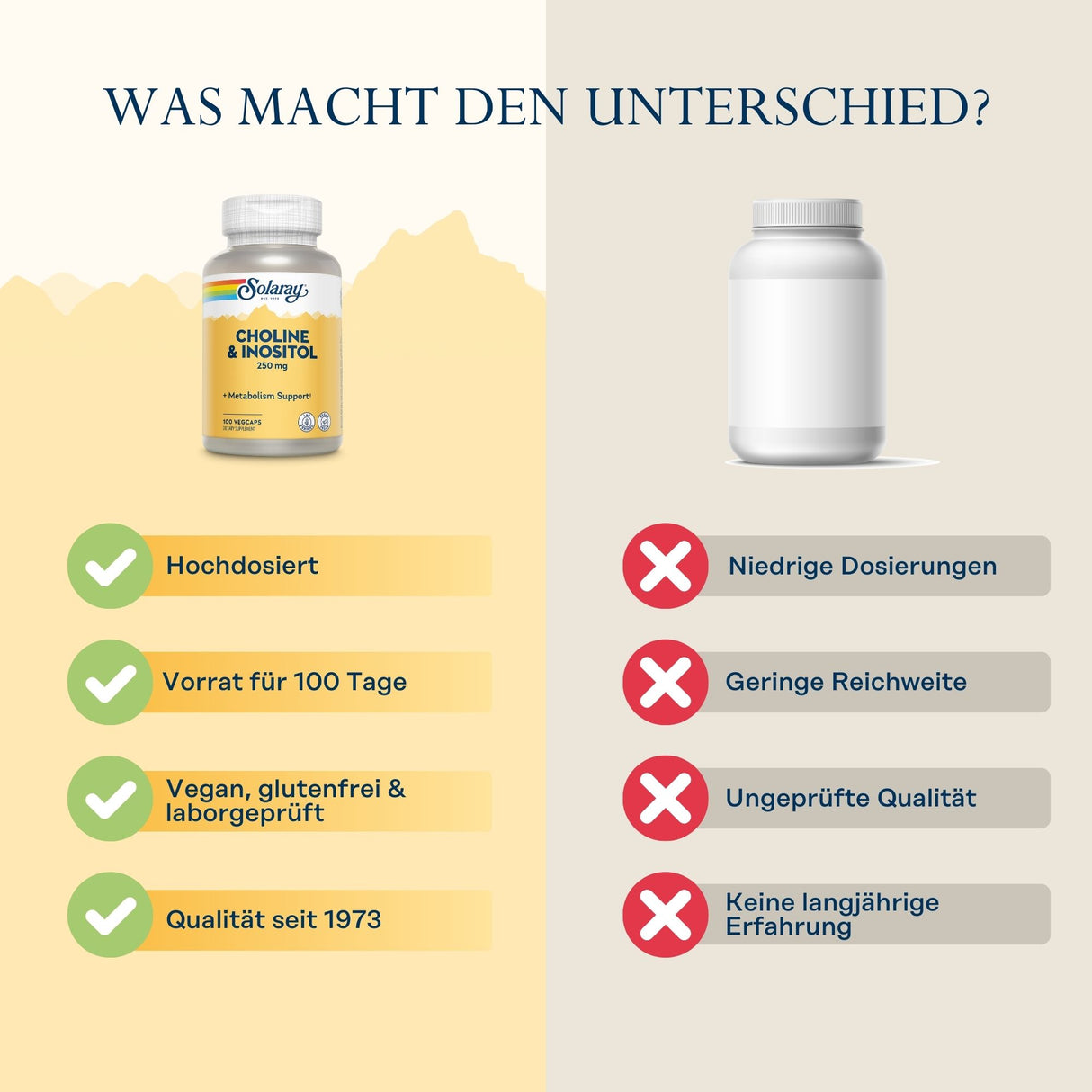 Vergleich zweier Nahrungsergänzungsmittel: Links Solaray Choline & Inositol mit Vorteilen wie Hochdosierung, 100-Tage-Vorrat, vegan, Qualität seit 1973. Rechts ein anonymes Produkt mit Nachteilen wie niedrige Dosierung, geringe Reichweite, ungeprüfte Qualität, keine Erfahrung.