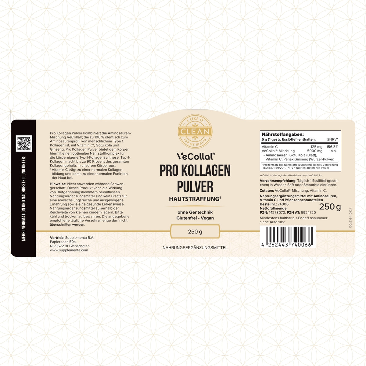 Etikett eines Nahrungsergänzungsmittels namens "VeCollal Pro Kollagen Pulver". Das Produkt wird als hautstraffend beschrieben und enthält Vitamin C, das zur normalen Kollagenbildung beiträgt. Es ist ohne Gentechnik, glutenfrei und vegan. Die Verpackung ist 250g schwer und enthält eine Mischung aus Aminosäuren, Vitamin C und Ginseng. Es wird empfohlen, täglich 1 Esslöffel in Wasser, Saft oder Smoothies einzurühren. Das Etikett ist in neutralen Farben gehalten und enthält detaillierte Nährwertangaben sowie Hi