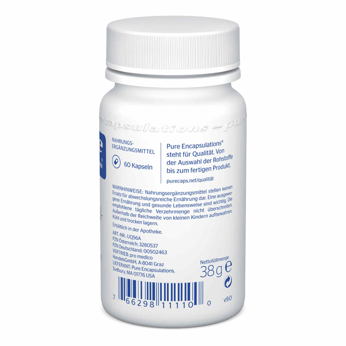 Das Bild zeigt eine weiße Plastikflasche mit einem Schraubverschluss, die 60 Kapseln eines Nahrungsergänzungsmittels von Pure Encapsulations enthält. Auf der Flasche sind mehrere Etiketten mit Informationen wie Inhaltsstoffe, Warnhinweise und Herstellerangaben zu sehen. Die Flasche steht aufrecht und ist auf einem weißen Hintergrund platziert.