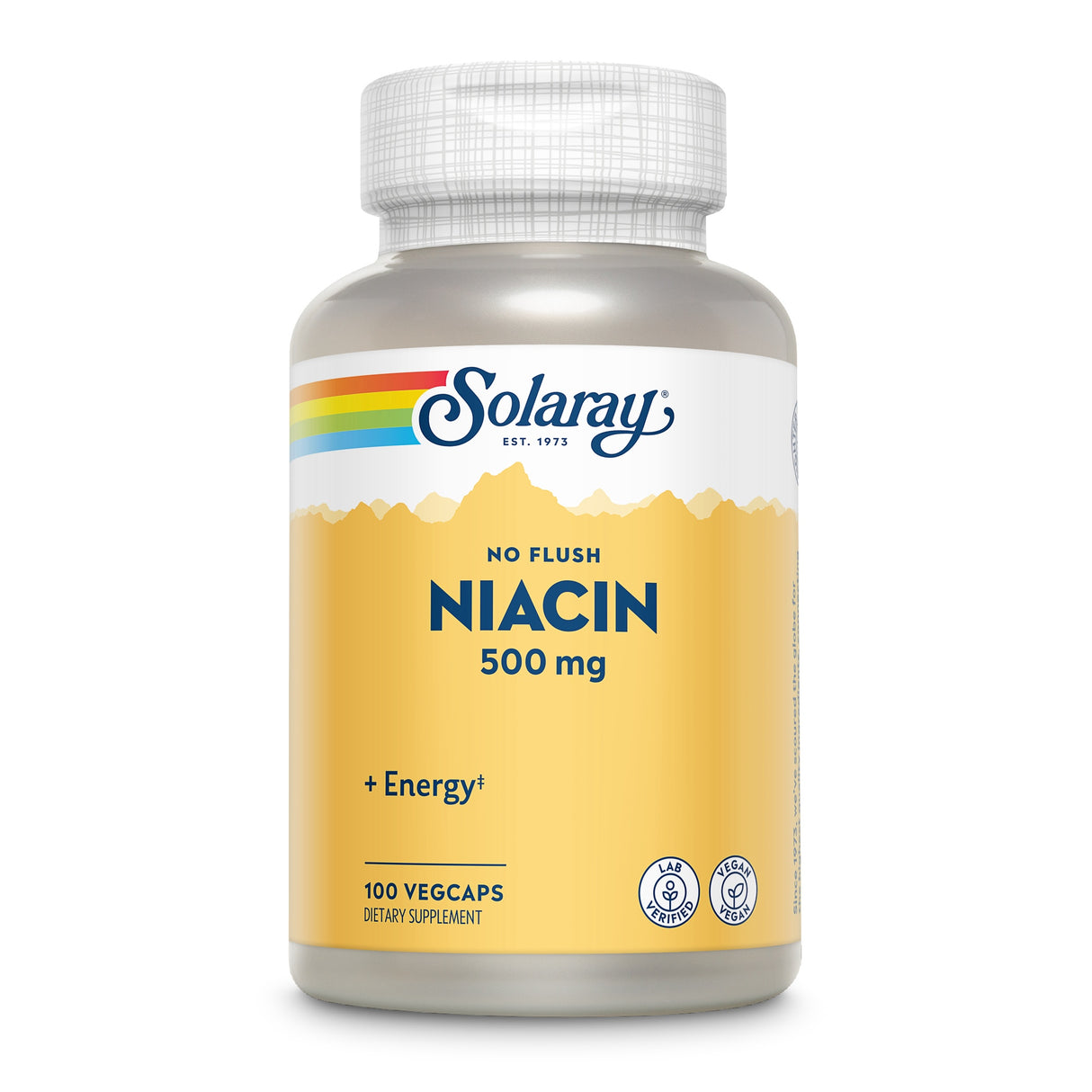 Eine Flasche Solaray Niacin 500 mg, 100 Vegcaps, mit gelbem Etikett und Regenbogenstreifen.