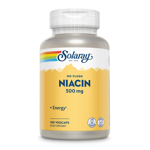 Eine Flasche Solaray Niacin 500 mg, 100 Vegcaps, mit gelbem Etikett und Regenbogenstreifen.