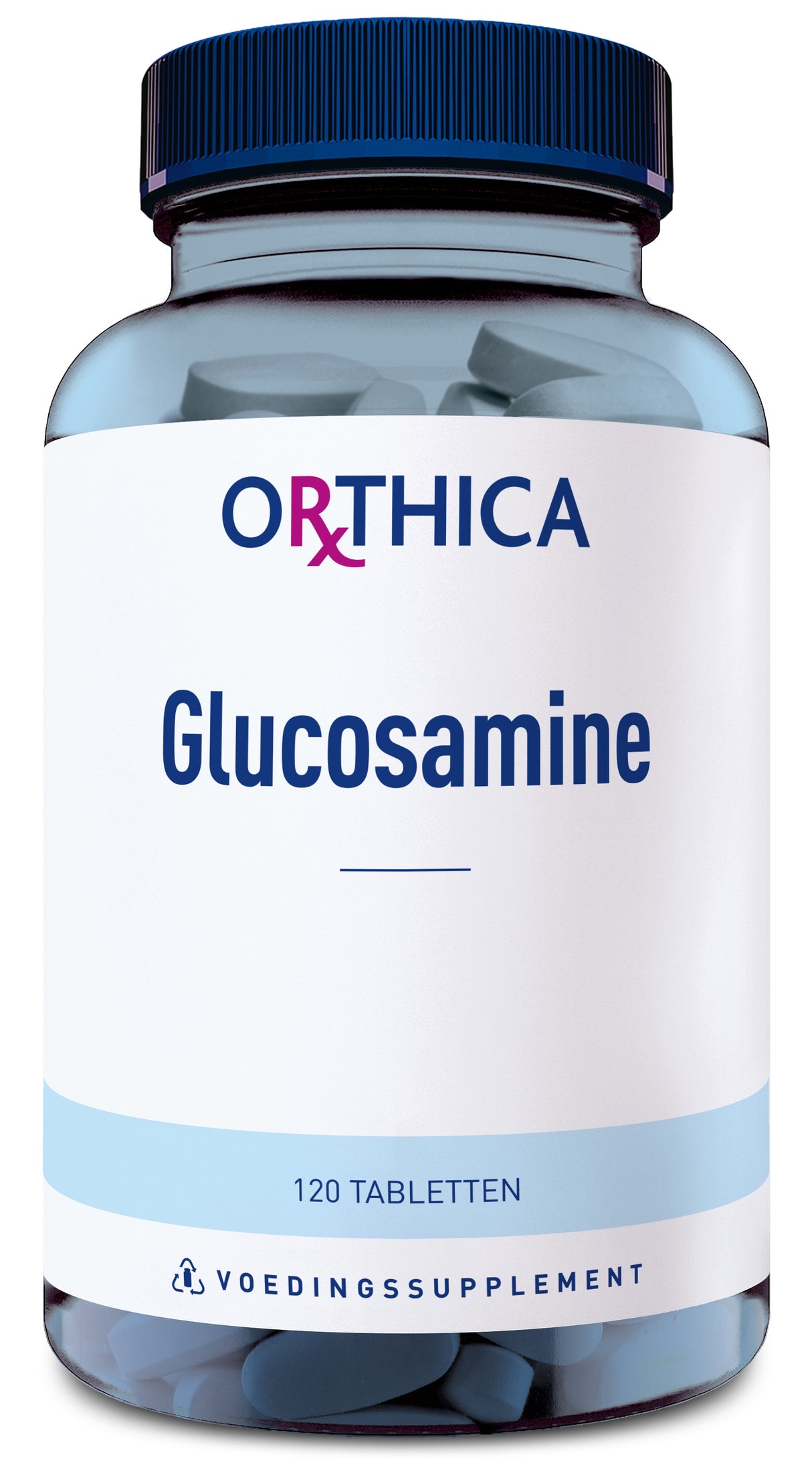Eine durchsichtige Plastikflasche mit blauem Deckel, gefüllt mit Tabletten. Auf dem Etikett steht 'ORTHICA Glucosamine 120 Tabletten'.