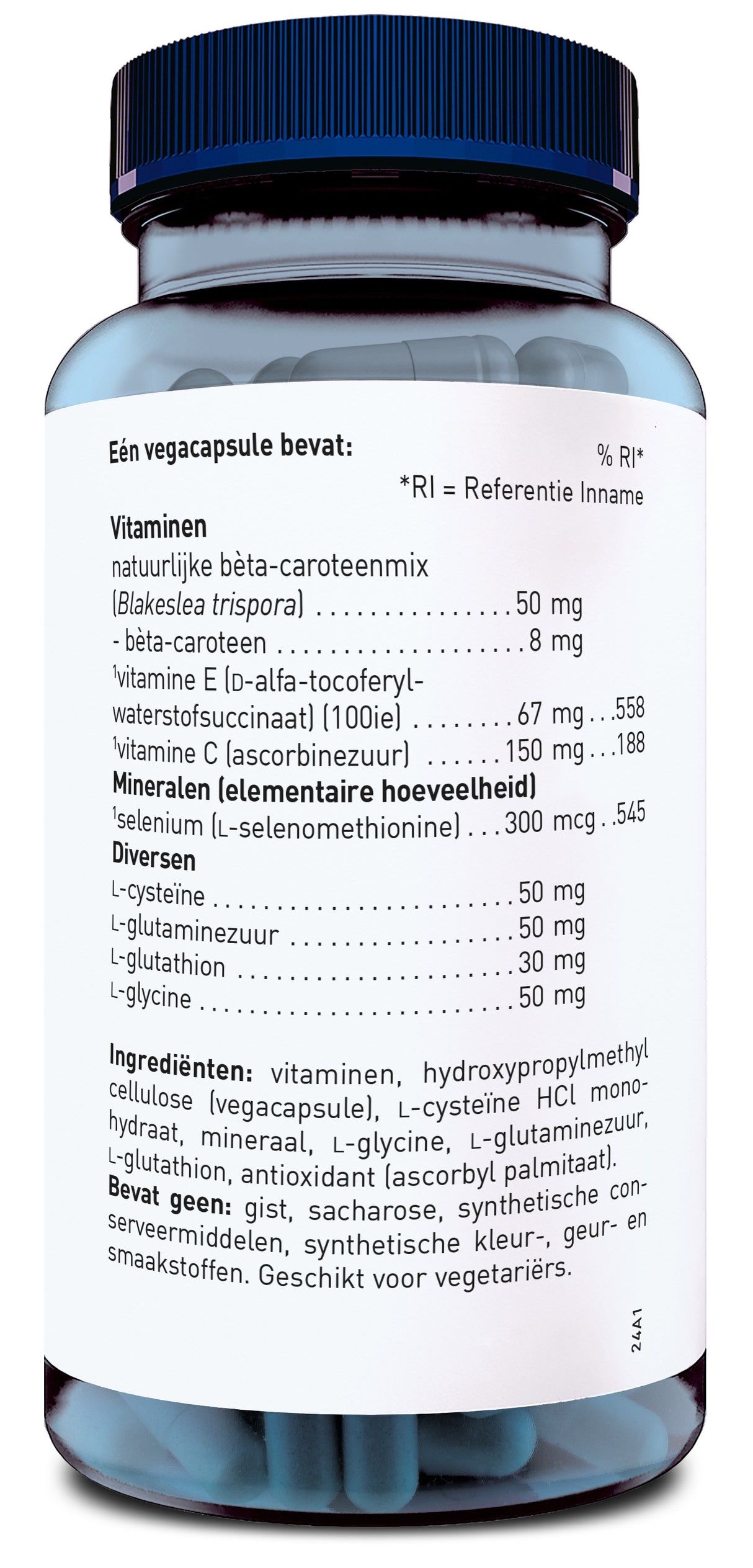 Das Bild zeigt eine Flasche mit einem blauen Deckel, die Nahrungsergänzungsmittel in Form von Vegacaps enthält. Auf dem Etikett sind Inhaltsstoffe wie Vitamine und Mineralien aufgelistet, darunter Beta-Carotin, Vitamin E, Vitamin C und Selen. Die Flasche ist für Vegetarier geeignet und enthält keine künstlichen Zusatzstoffe.