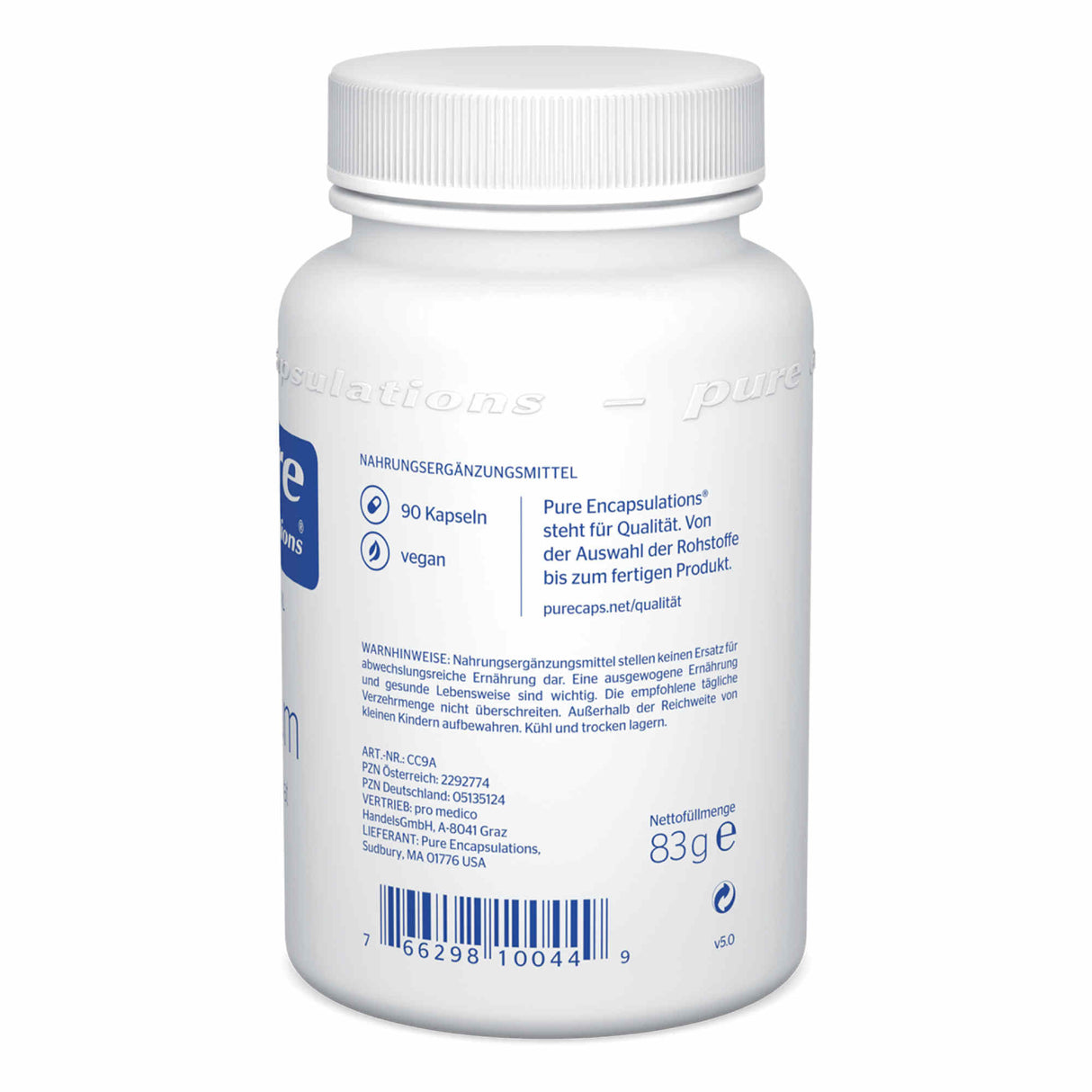 Eine weiße Flasche mit Nahrungsergänzungsmitteln von Pure Encapsulations. Auf der Flasche stehen Informationen über die Qualität und Inhaltsstoffe. Sie enthält 90 vegane Kapseln und hat eine Nettomenge von 83 Gramm. Der Barcode und weitere Details sind auf der Rückseite sichtbar.