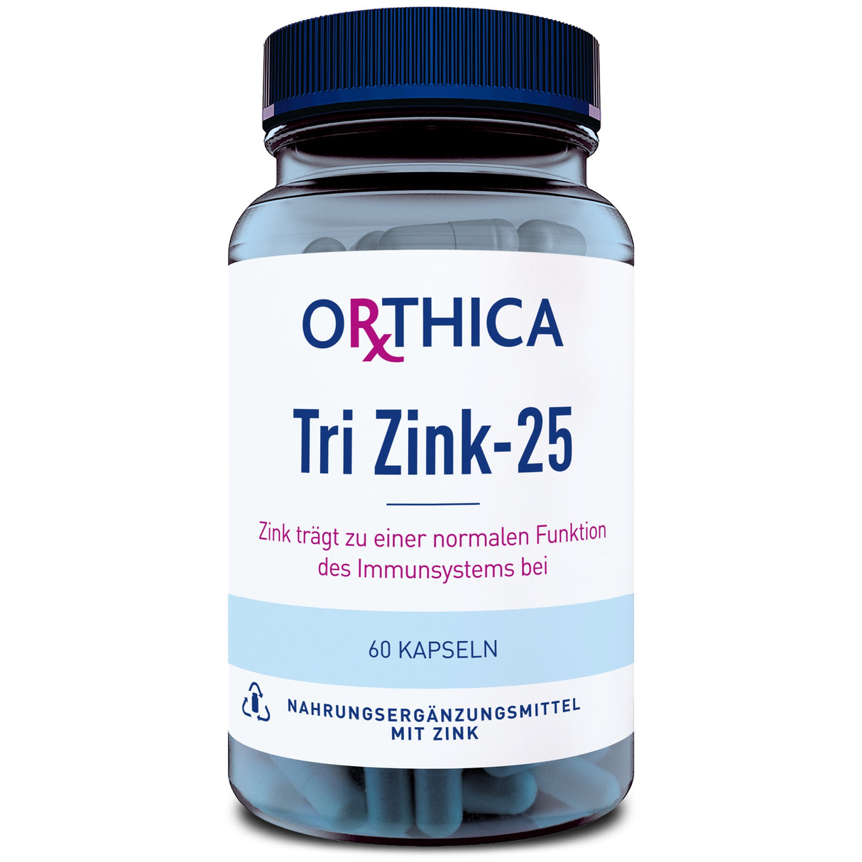 Das Bild zeigt eine Flasche mit Nahrungsergänzungsmitteln der Marke Orthica. Auf dem Etikett steht 'Tri Zink-25'. Die Flasche enthält 60 Kapseln und verspricht eine Unterstützung der normalen Funktion des Immunsystems durch Zink. Das Etikett ist weiß mit blauer und roter Schrift. Die Flasche hat einen blauen Deckel.