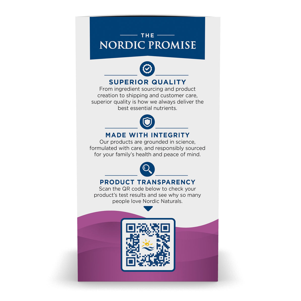 Flyer mit Informationen über "The Nordic Promise" zu Qualität, Integrität und Transparenz. Enthält einen QR-Code.