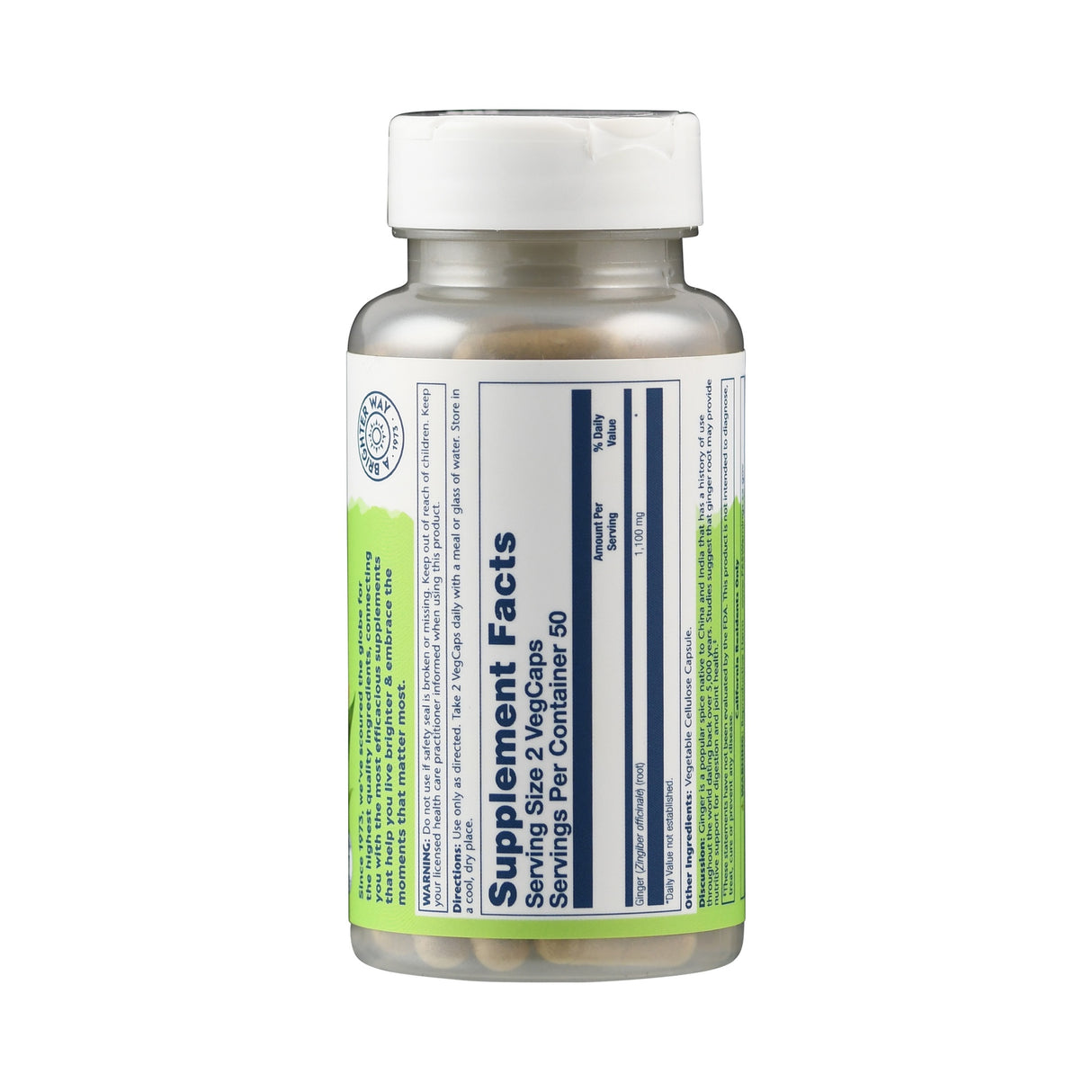 Eine durchsichtige Plastikflasche mit weißem Verschluss, gefüllt mit Kapseln. Auf dem Etikett stehen Informationen zu Inhaltsstoffen und Dosierung. Der Hintergrund ist weiß.