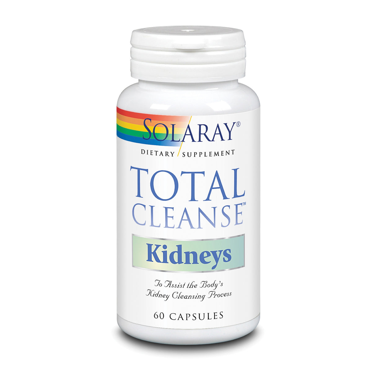 Das Bild zeigt eine weiße Flasche mit dem Etikett 'Solaray Total Cleanse Kidneys'. Die Flasche enthält 60 Kapseln eines Nahrungsergänzungsmittels zur Unterstützung der Nierenreinigung.