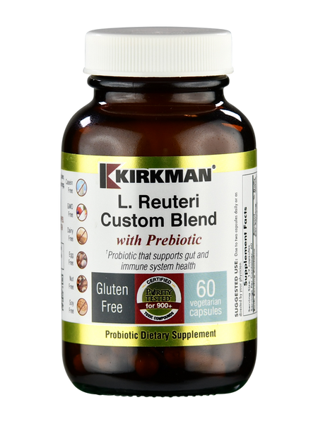 Ein braunes Glasfläschchen mit weißem Deckel, auf dem "Kirkman L. Reuteri Custom Blend with Prebiotic" steht. Es enthält 60 vegetarische Kapseln und ist glutenfrei. Es ist ein probiotisches Nahrungsergänzungsmittel.