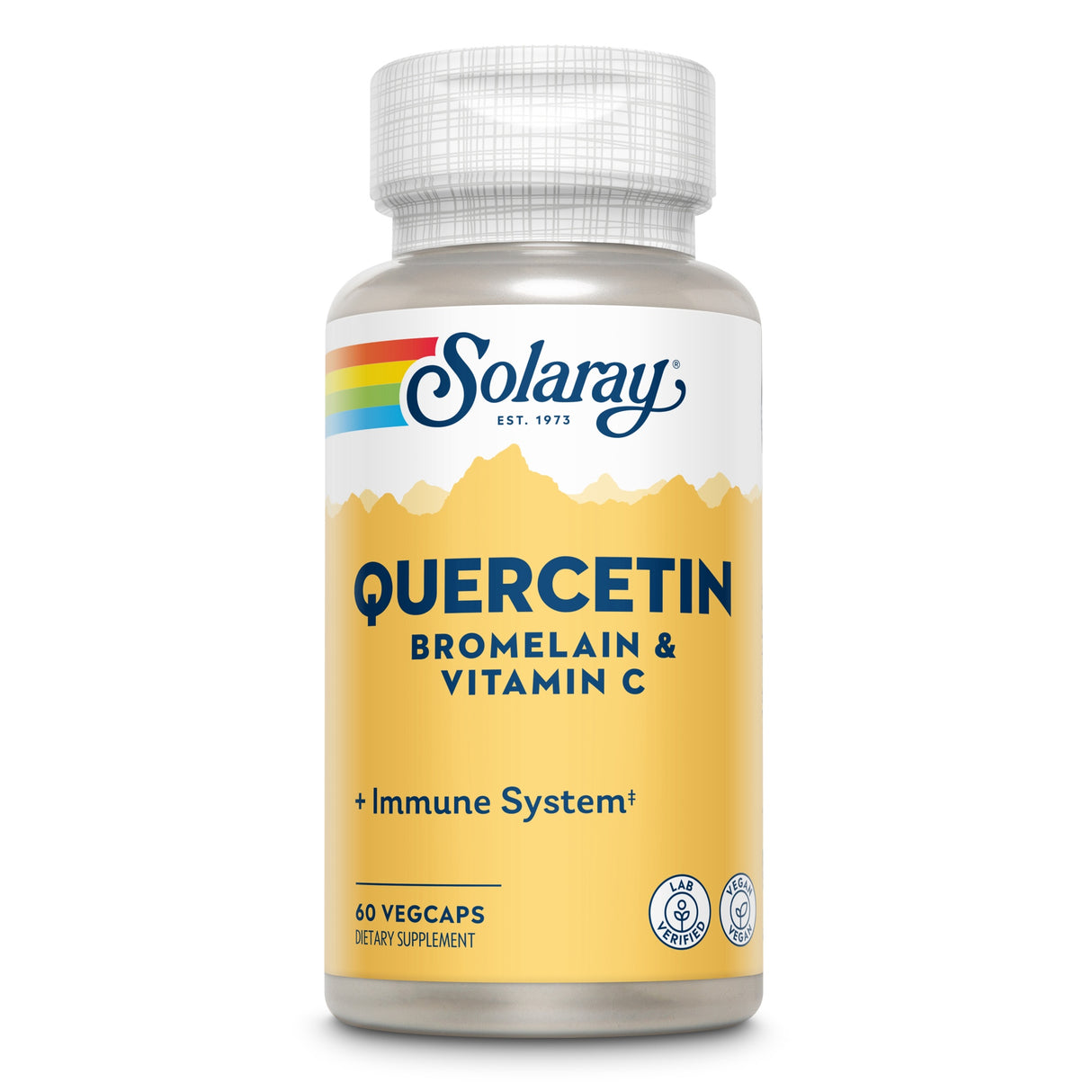 Das Bild zeigt eine Flasche von Solaray Quercetin Bromelain & Vitamin C Nahrungsergänzungsmittel. Die Flasche hat ein gelbes Etikett mit blauen und weißen Schriftzügen. Oben ist das Solaray-Logo mit einem Regenbogenstreifen. Die Flasche enthält 60 Vegcaps und ist als Nahrungsergänzungsmittel gekennzeichnet. Unten auf dem Etikett sind Symbole für Laborgeprüft und Vegan zu sehen.