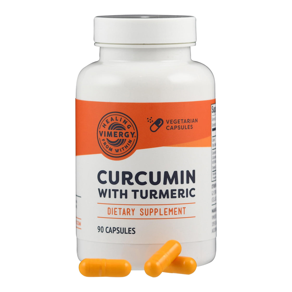 Eine weiße Flasche mit orangefarbenem Etikett, "Curcumin with Turmeric". Vegetarische Kapseln, 90 Stück. Drei Kapseln sind sichtbar.