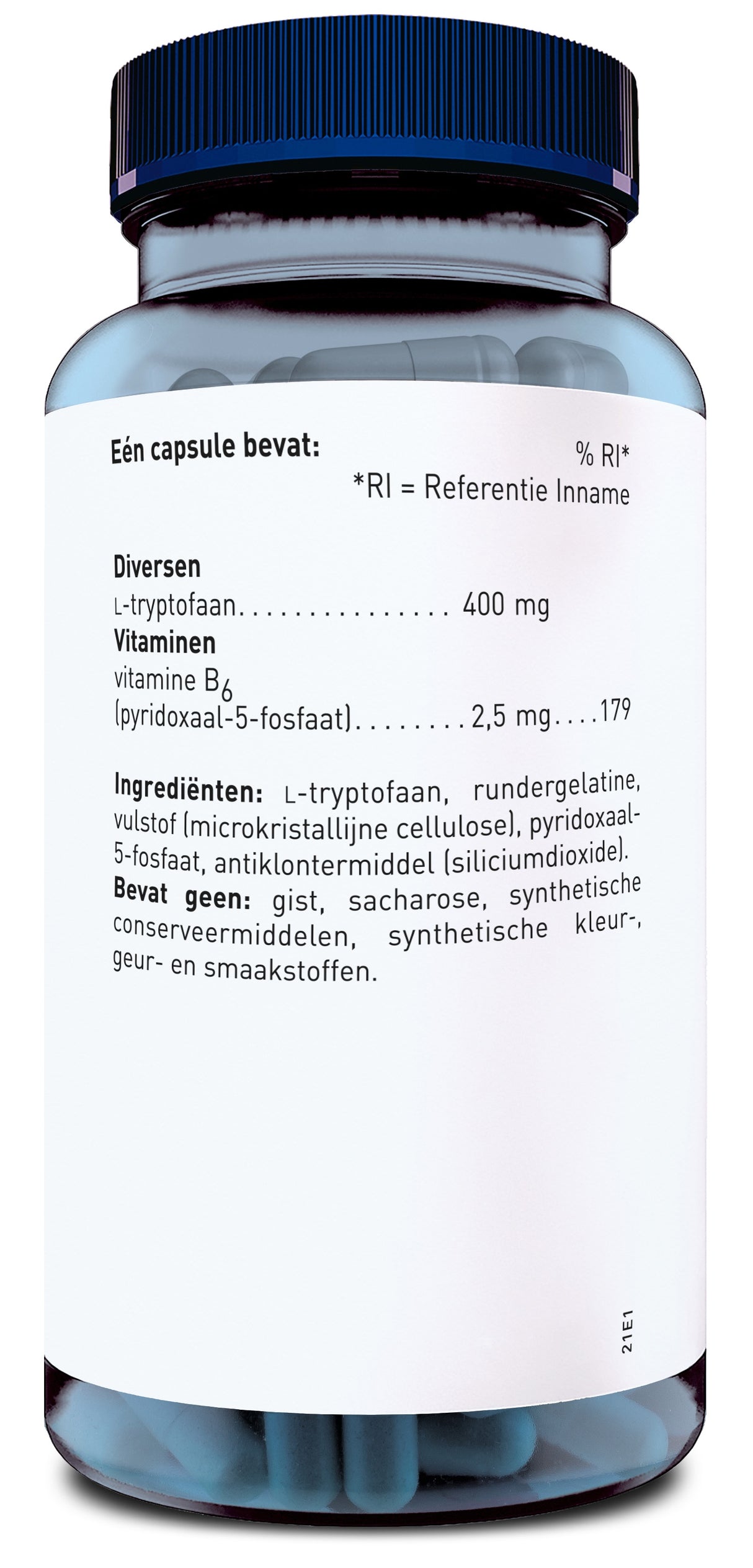 Das Bild zeigt ein transparentes Glas mit blauen Kapseln und einem schwarzen Deckel. Auf dem Etikett stehen Informationen über den Inhalt, einschließlich L-Tryptophan und Vitamin B6. Die Schrift ist in Niederländisch verfasst.