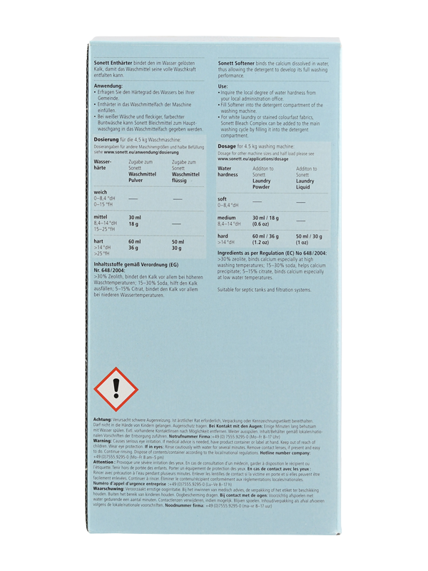 Die Abbildung zeigt die Rückseite einer Verpackung von Sonett Enthärter. Der Hintergrund ist hellblau, und die Verpackung enthält Anweisungen zur Anwendung und Dosierung des Produkts in Deutsch und Englisch. Es gibt Tabellen, die die Dosierung nach Wasserhärte angeben, sowie Sicherheitshinweise in mehreren Sprachen. Ein Warnsymbol ist ebenfalls sichtbar.
