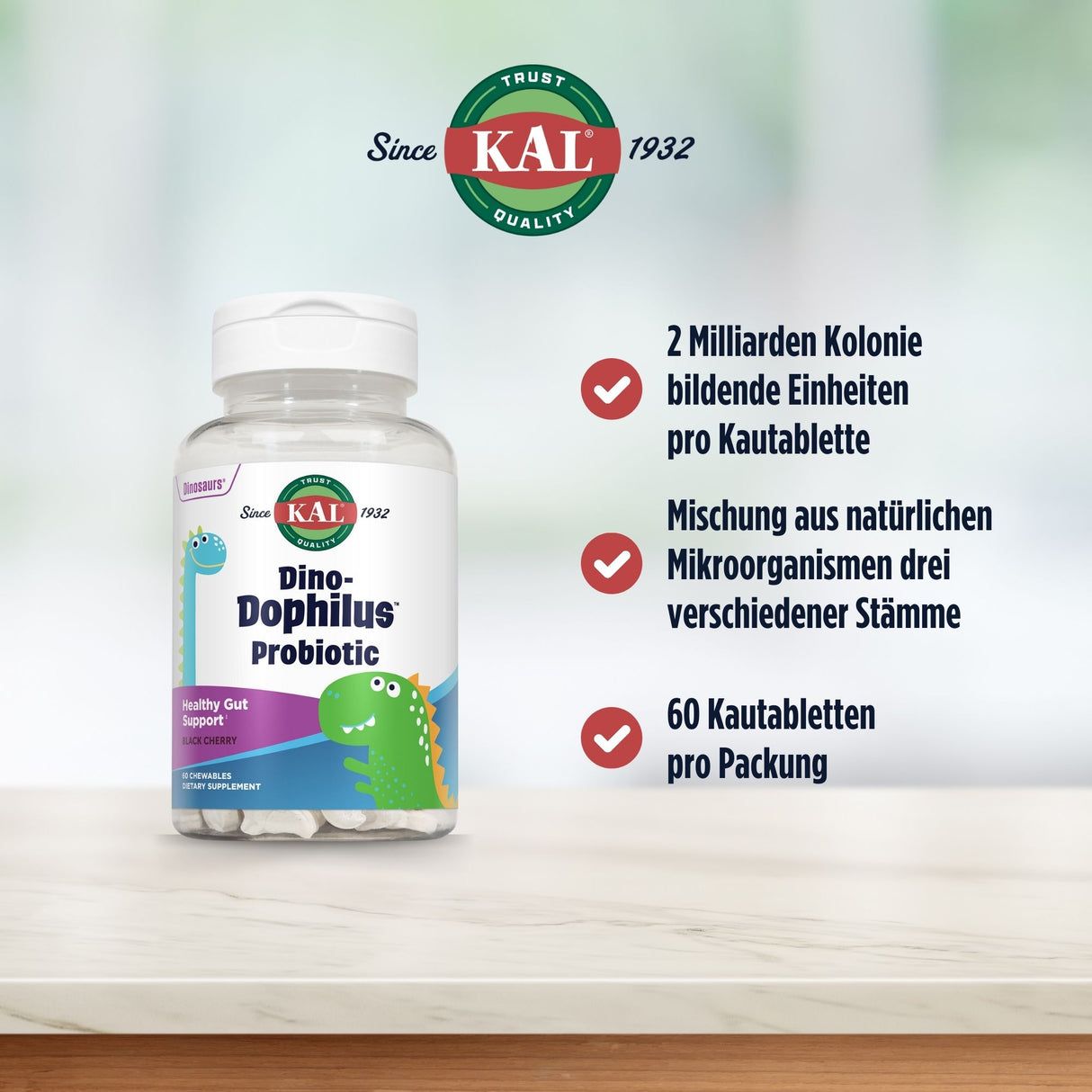 Probiotika-Flasche mit Dino-Design von KAL, seit 1932. Enthält 60 Kautabletten mit 2 Milliarden Einheiten, drei Mikroorganismen-Stämme.