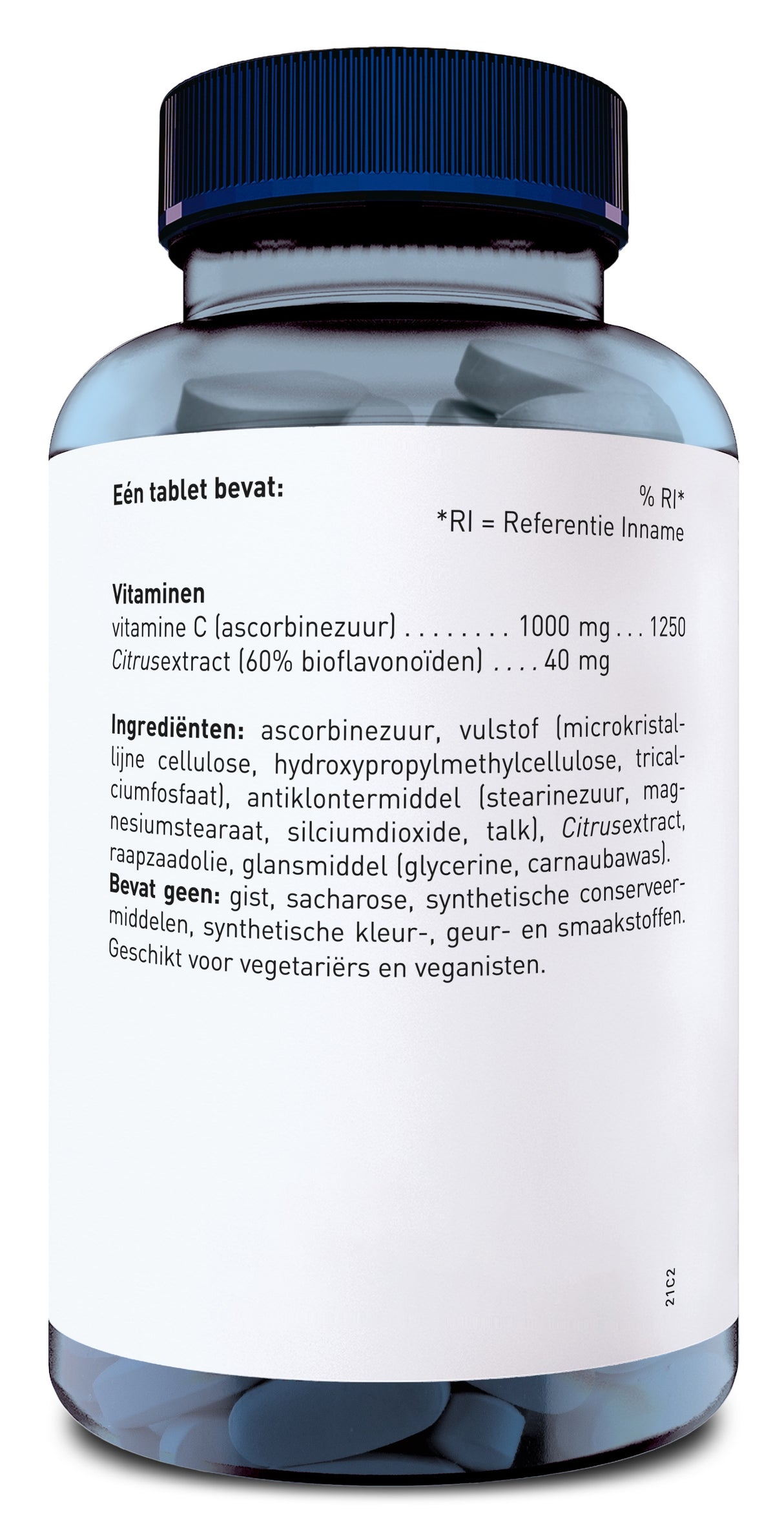 Das Bild zeigt eine Flasche mit einem blauen Deckel, die Vitamintabletten enthält. Auf dem Etikett sind die Inhaltsstoffe auf Niederländisch aufgelistet, darunter Vitamin C und Citrus-Extrakt. Die Flasche ist transparent, sodass die Tabletten sichtbar sind.