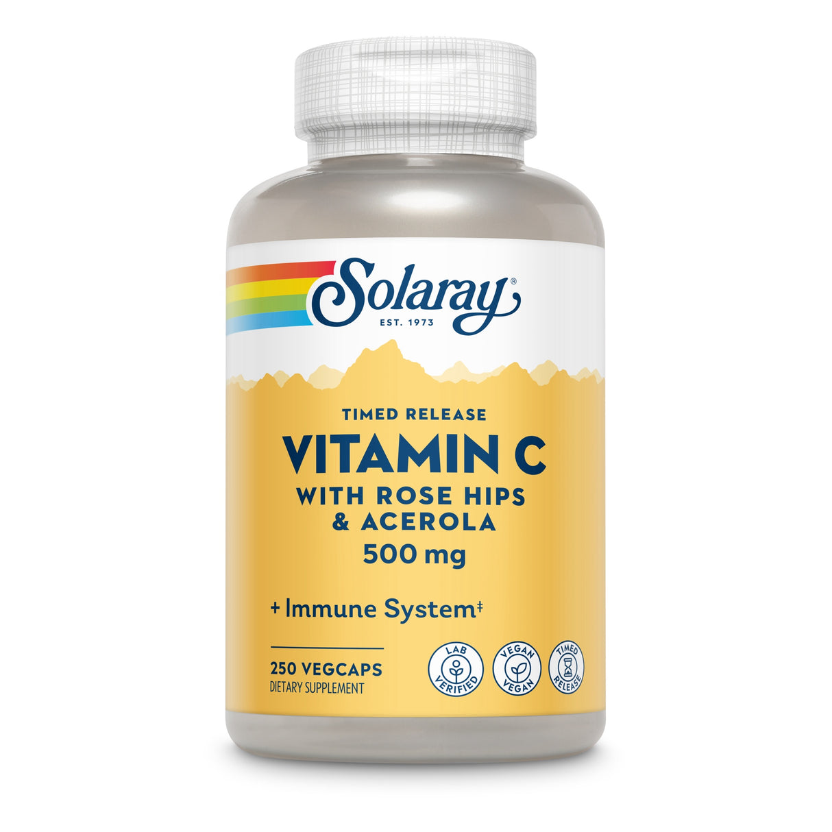 Flasche mit Solaray Vitamin C, 500 mg, Hagebutten & Acerola, 250 VegCaps, zeitverzögerte Freisetzung, vegan, labgeprüft.