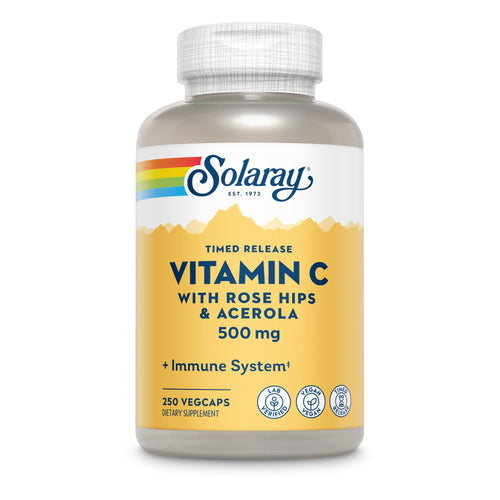 Flasche mit Solaray Vitamin C, 500 mg, Hagebutten & Acerola, 250 VegCaps, zeitverzögerte Freisetzung, vegan, labgeprüft.