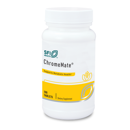 Eine weiße Plastikflasche mit einem gelben Etikett, auf dem "SFI Health ChromeMate" steht. Darunter der Text "Supports Metabolic Health" und "100 Tablets Dietary Supplement". Das Etikett zeigt ein stilisiertes Blatt und einen Kreis. Die Flasche hat einen weißen Schraubverschluss.