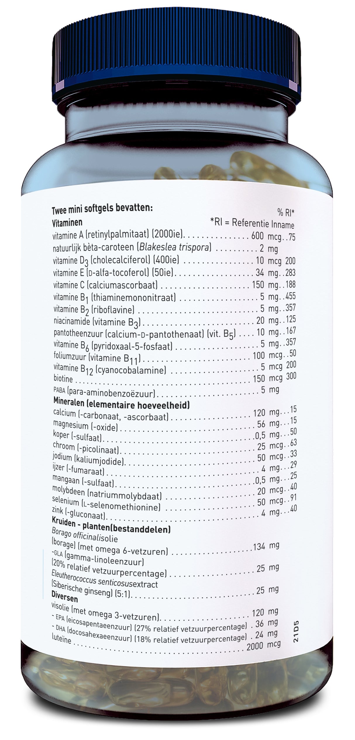 Ein Glasbehälter mit blauem Deckel enthält Nahrungsergänzungsmittel in Form von Softgels. Auf dem Etikett sind Vitamine und Mineralien aufgelistet, darunter Vitamin A, D3, E, B-Komplex, Kalzium und Magnesium. Die Inhaltsstoffe sind in niederländischer Sprache angegeben.
