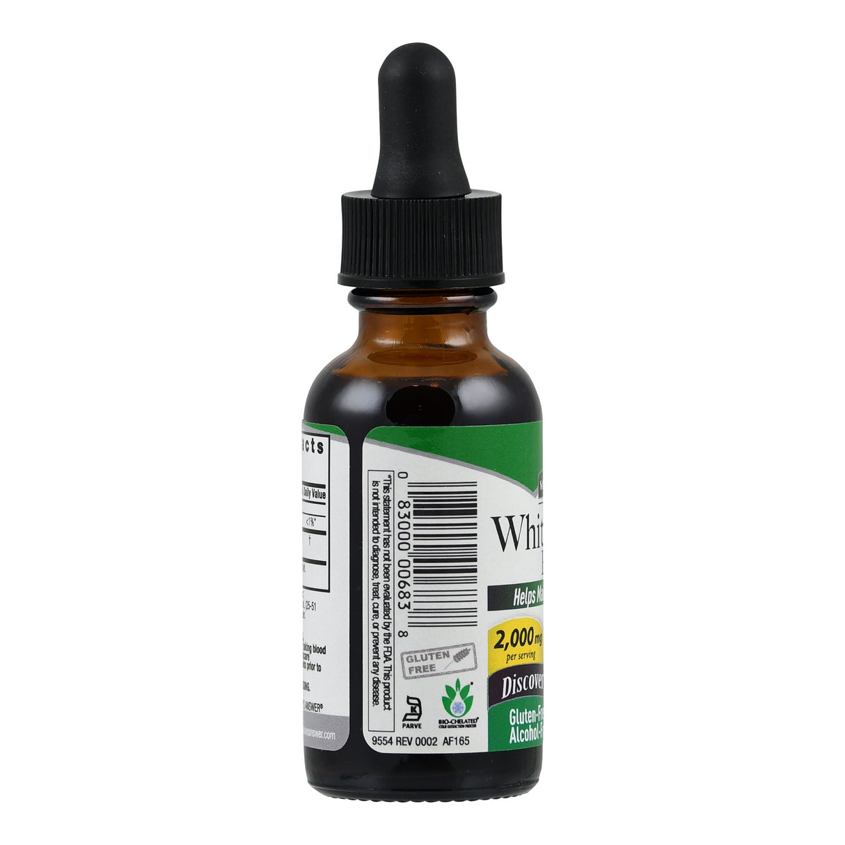 Eine braune Glasflasche mit einem schwarzen Tropfverschluss. Das Etikett ist grün und enthält einen Barcode, Text und Symbole, die auf glutenfreie, alkoholfreie Inhaltsstoffe hinweisen. Die Flasche steht aufrecht vor einem weißen Hintergrund.