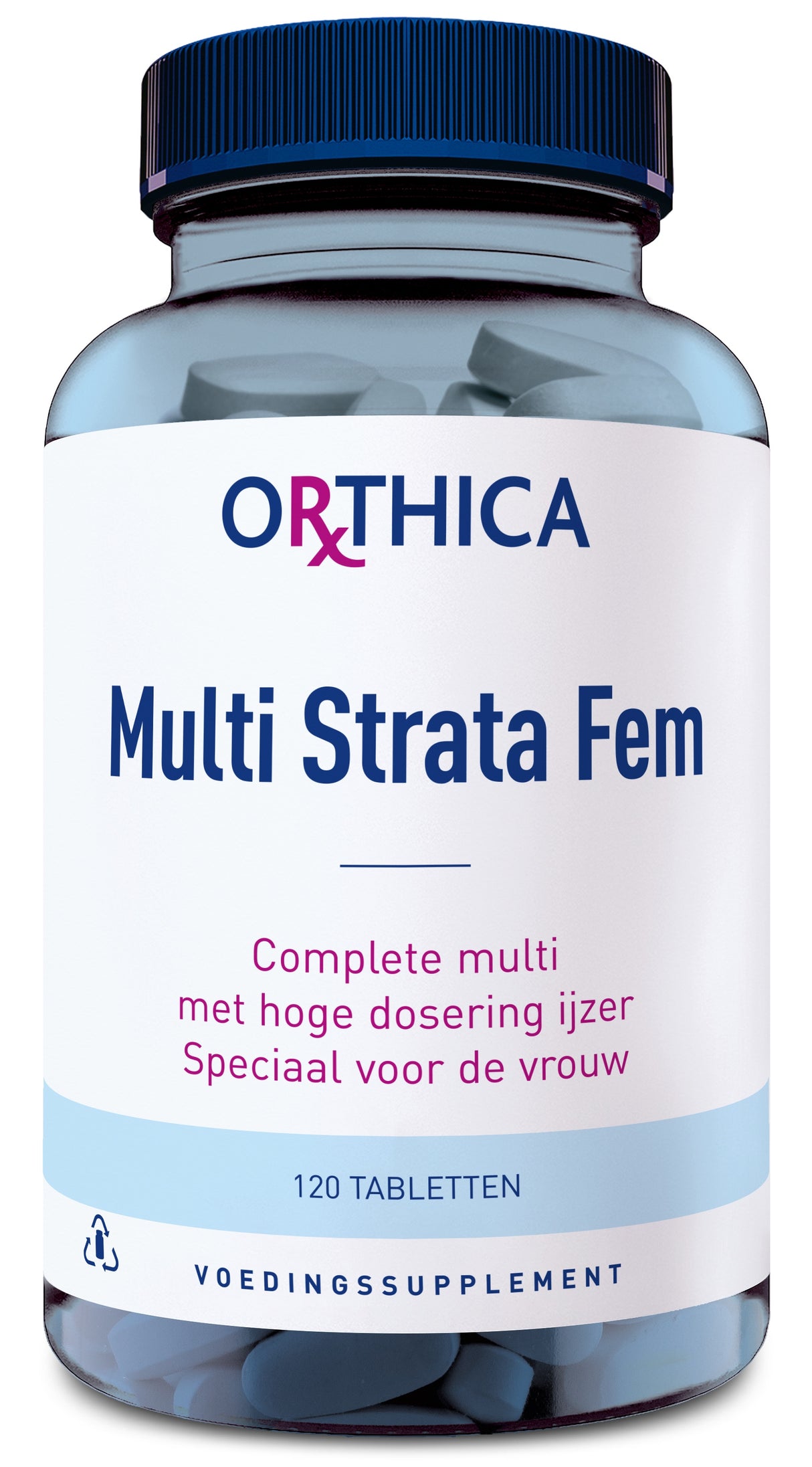 Das Bild zeigt eine Flasche des Nahrungsergänzungsmittels 'Orthica Multi Strata Fem'. Die Flasche ist durchsichtig mit einem blauen Deckel und enthält 120 Tabletten. Auf dem Etikett steht: 'Complete multi met hoge dosering ijzer, Speciaal voor de vrouw'.