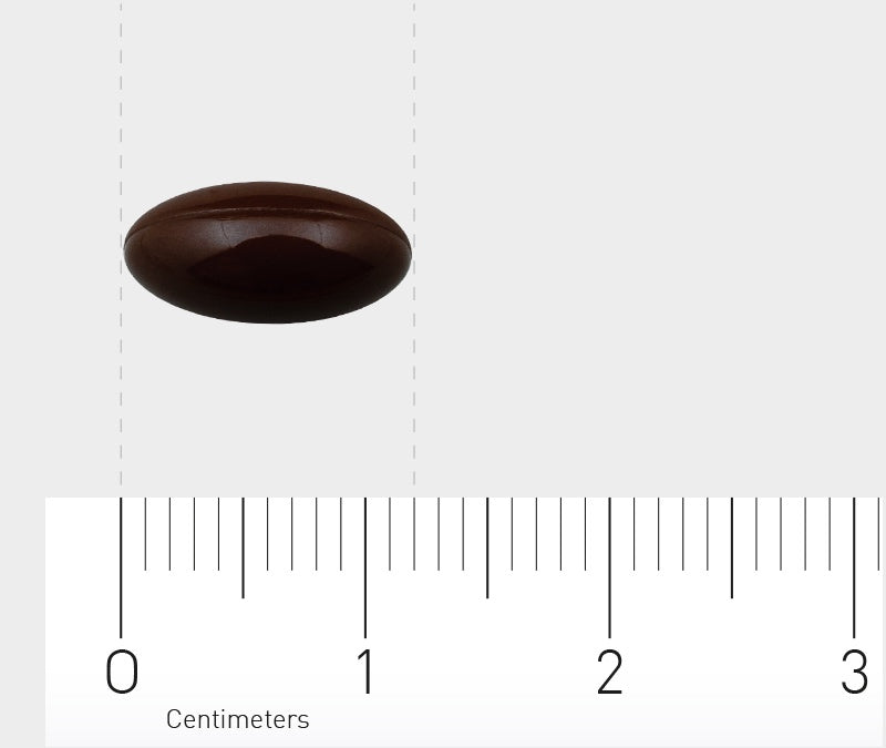 Das Bild zeigt eine dunkelbraune, ovale Pille auf einem weißen Hintergrund. Unter der Pille ist ein Lineal zu sehen, das in Zentimetern skaliert ist. Die Pille liegt zwischen der 1 und 2 cm Markierung. Der Hintergrund ist neutral und schlicht gehalten.