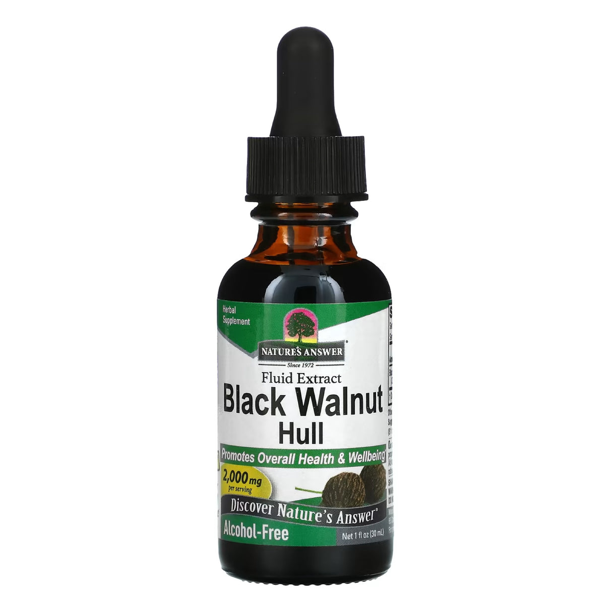 Das Bild zeigt eine braune Glasflasche mit Pipette, die ein pflanzliches Nahrungsergänzungsmittel namens "Black Walnut Hull" von Nature's Answer enthält. Das Etikett weist auf eine alkoholfreie Formel hin und hebt die Förderung des allgemeinen Wohlbefindens hervor.