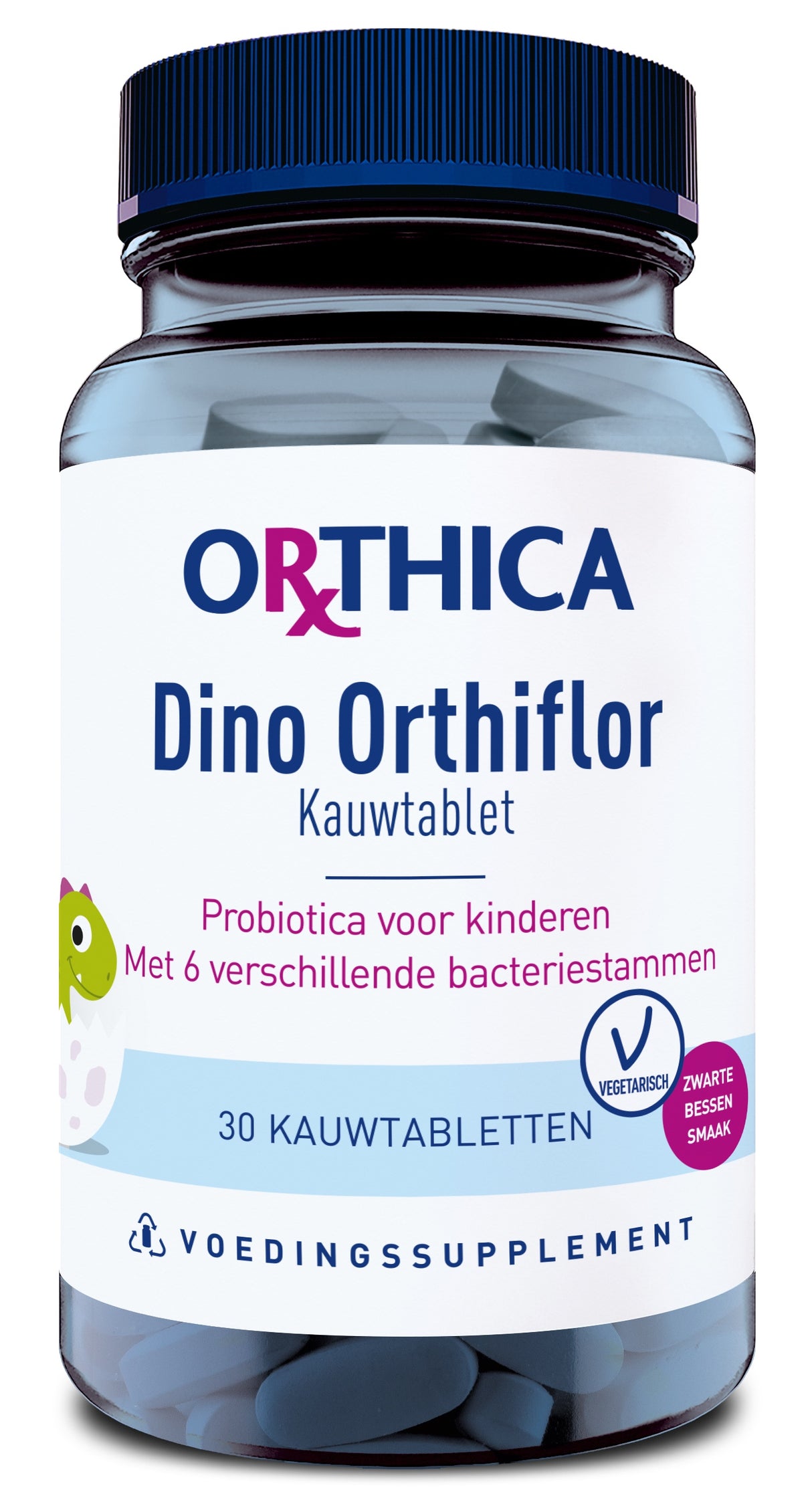 Ein transparentes Glas mit blauem Deckel enthält 30 Kautabletten. Auf dem Etikett steht 'Orthica Dino Orthiflor Kautablet' und 'Probiotica voor kinderen Met 6 verschillende bacteriestammen'. Es ist ein Nahrungsergänzungsmittel für Kinder mit vegetarischen Inhaltsstoffen und schwarzem Beerengeschmack.