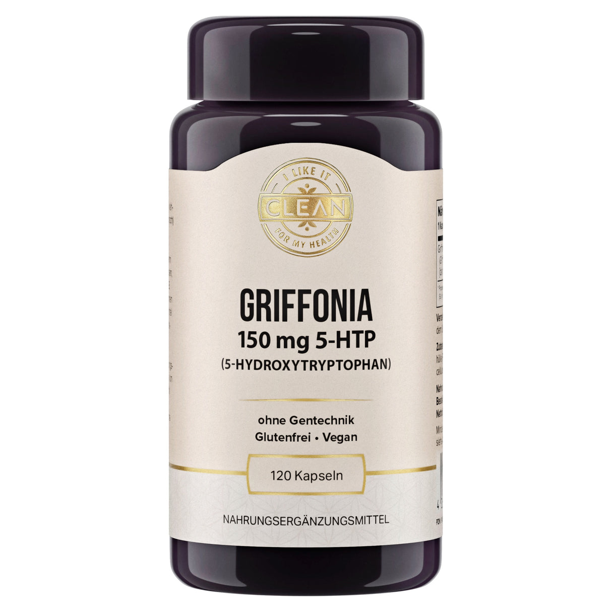 Das Bild zeigt eine Verpackung von Griffonia 500 mg Kapseln mit natürlichem 5-HTP Gehalt, ohne Gentechnik und vegan. Die Verpackung ist dunkel und beige, mit einem goldenen Siegel. Um die Verpackung herum befinden sich Symbole, die die Vorteile des Produkts hervorheben, wie "Fördert die seelische Ausgeglichenheit", "Hoher 5-HTP Gehalt", "Natürliche Quelle", "Keine Zusatzstoffe", "Wesentlich für Biorhythmus" und "Unterstützt Serotonin-Haushalt".