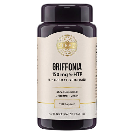 Das Bild zeigt eine Verpackung von Griffonia 500 mg Kapseln mit natürlichem 5-HTP Gehalt, ohne Gentechnik und vegan. Die Verpackung ist dunkel und beige, mit einem goldenen Siegel. Um die Verpackung herum befinden sich Symbole, die die Vorteile des Produkts hervorheben, wie "Fördert die seelische Ausgeglichenheit", "Hoher 5-HTP Gehalt", "Natürliche Quelle", "Keine Zusatzstoffe", "Wesentlich für Biorhythmus" und "Unterstützt Serotonin-Haushalt".
